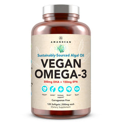 AMANDEAN vegan omega-3 softgel bottle highlights carrageenan-free algae oil for heart support.