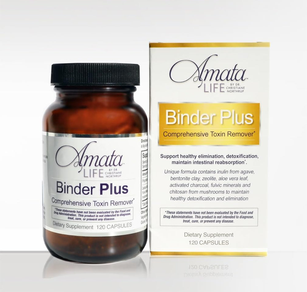 Amata Life Binder Plus bottle label closeup showing natural detox blend for daily wellness.