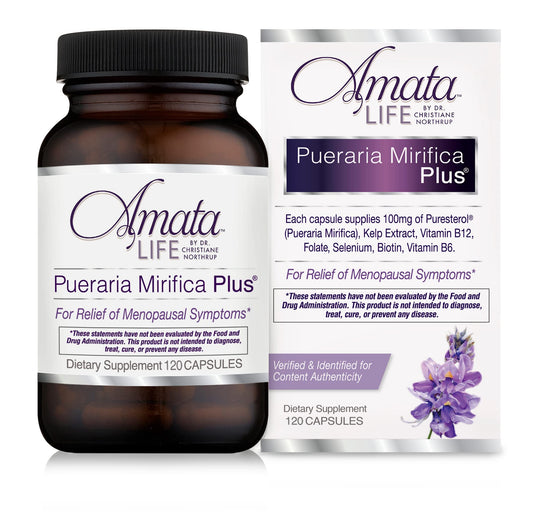 Amata Life Pueraria Mirifica Plus capsules bottle, easy daily capsules supporting menopause wellness.