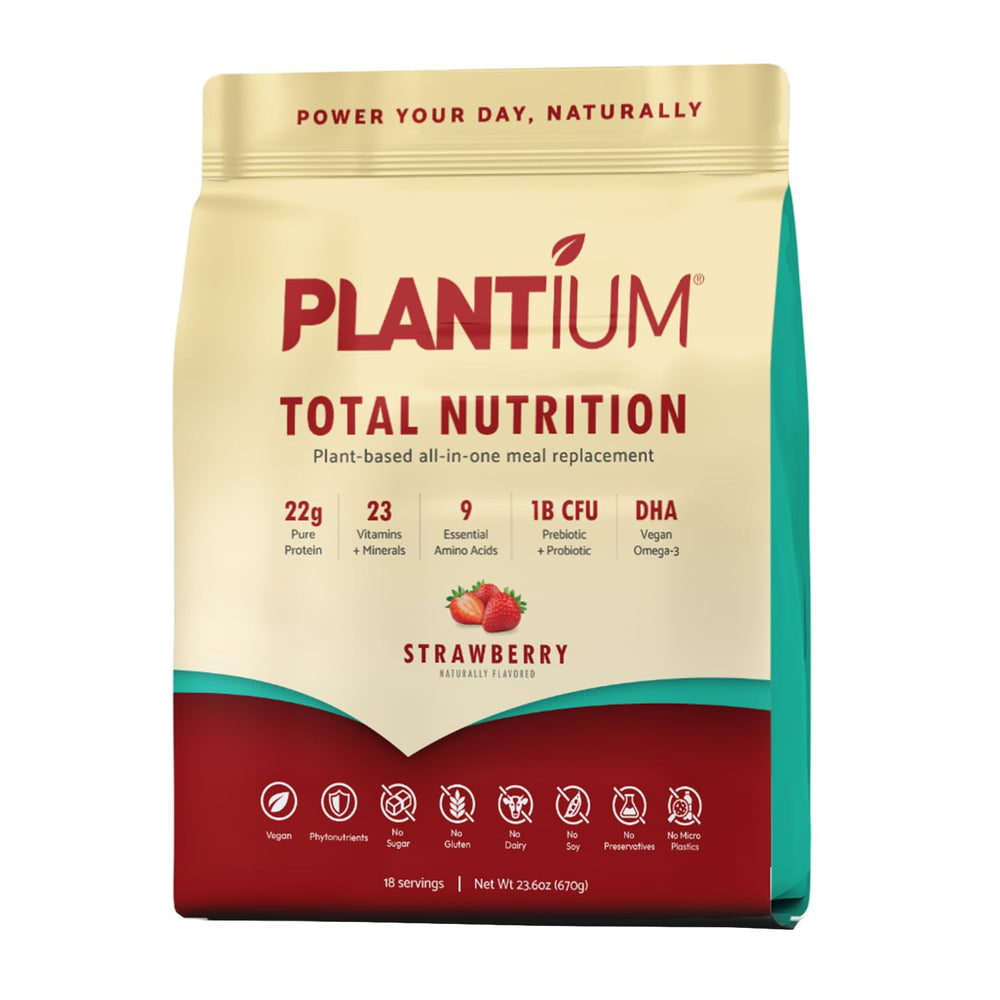 AMAXI Plantium strawberry powder jar for a tasty plant-based meal replacement.