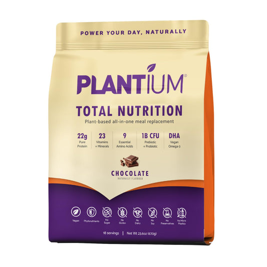 AMAXI Plantium Total Nutrition canister front view, a protein-packed daily shake option for busy mornings.