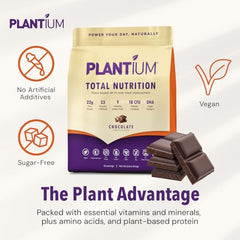 AMAXI Plantium Total Nutrition shake glass, smooth chocolate flavor ready for a quick meal.