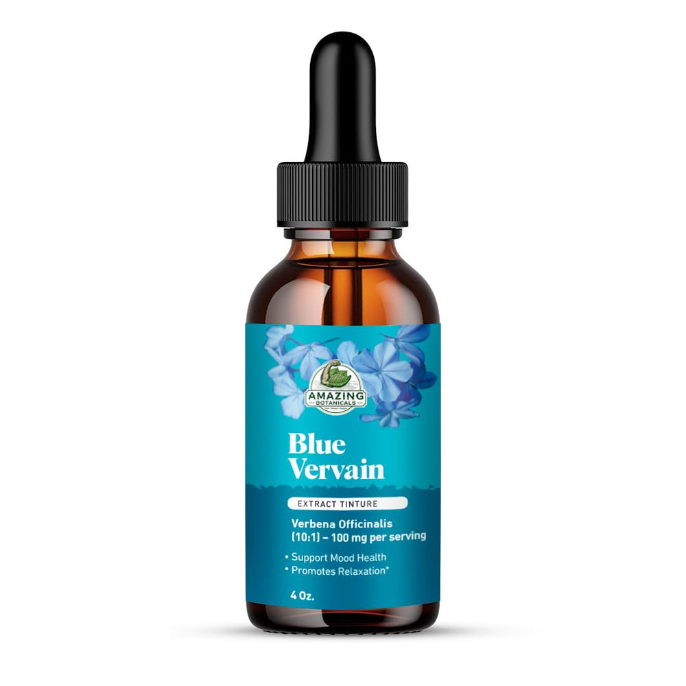 Amazing Botanicals Blue Vervain 10X tincture bottle for calming mood support.