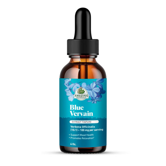 Amazing Botanicals Blue Vervain 10X tincture bottle for calming mood support.