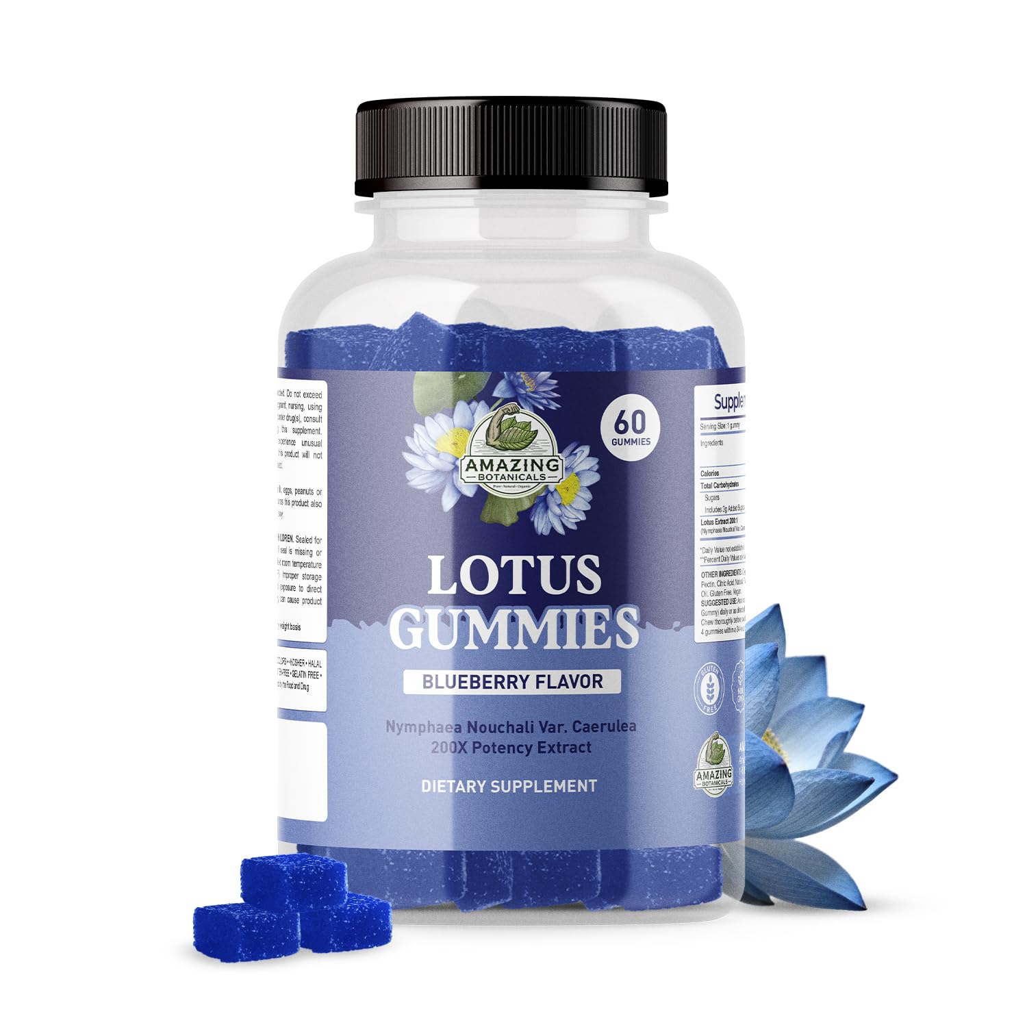 Amazing Botanicals Blueberry Lotus Gummies bottle front for calm relaxation.