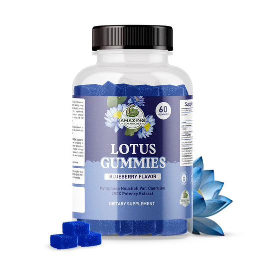 Amazing Botanicals Blueberry Lotus Gummies bottle front for calm relaxation.