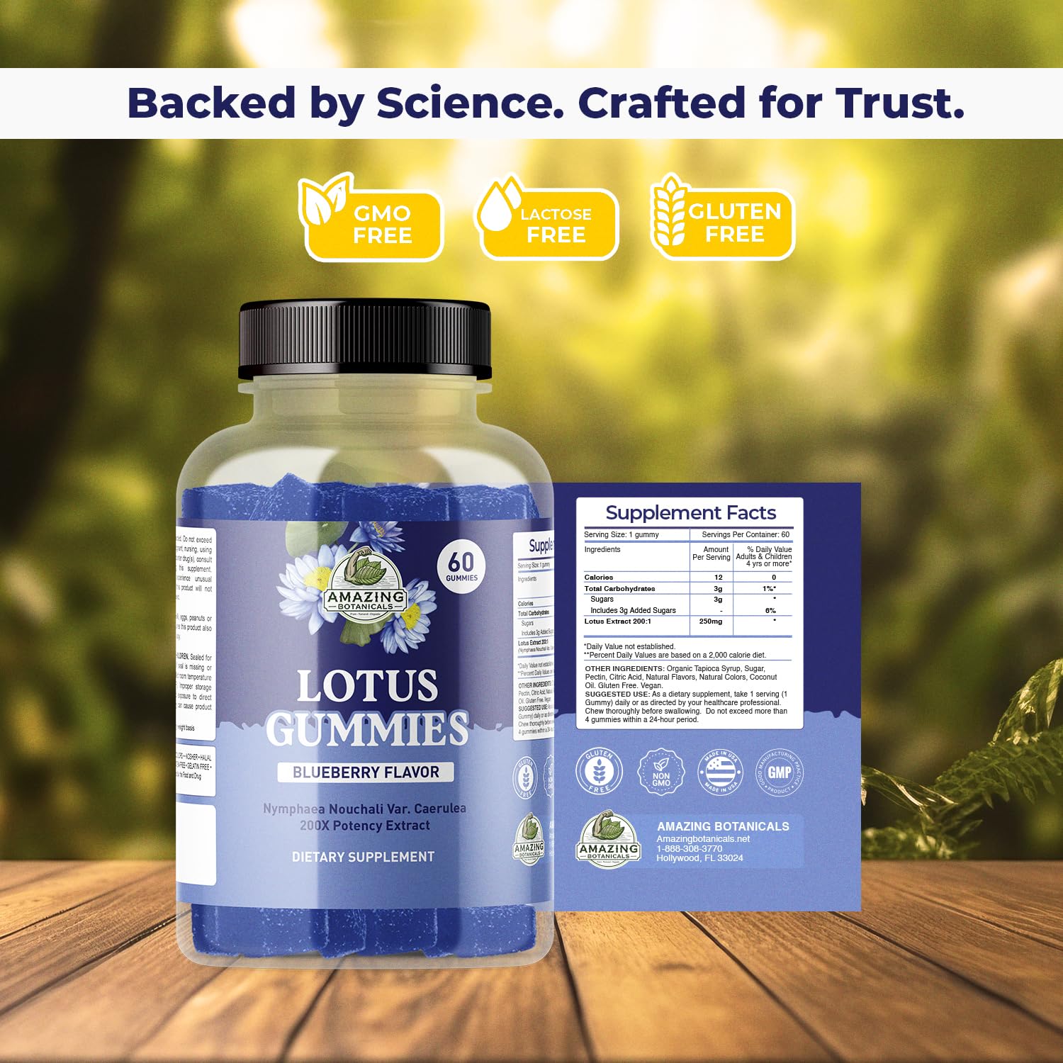 Amazing Botanicals Blueberry Lotus Gummies bottle open reveals easy-to-chew gummies.
