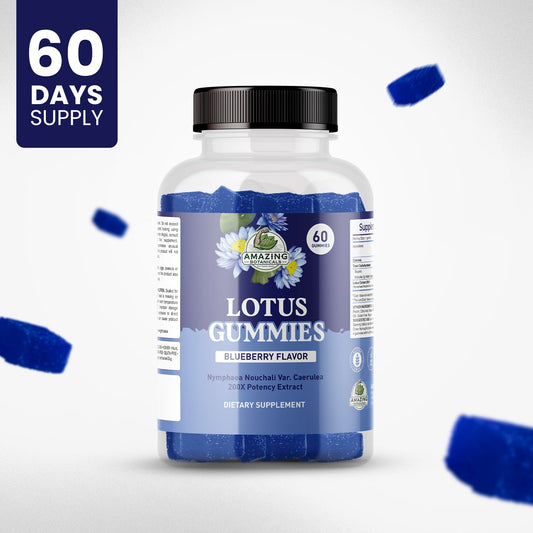 Amazing Botanicals Blueberry Lotus Gummies bottle side shows vegan, non-GMO notes.