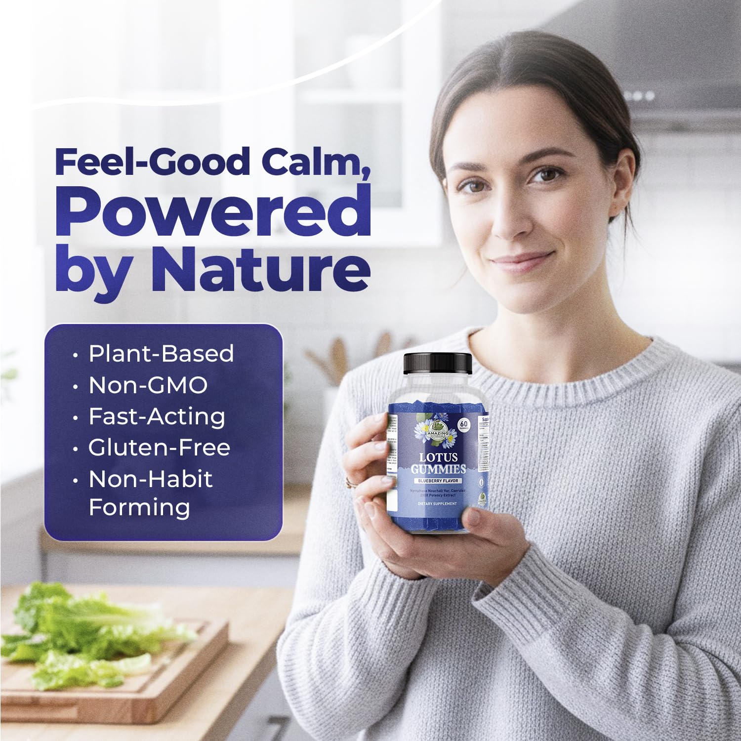 Amazing Botanicals Blueberry Lotus Gummies label highlights gluten-free status.