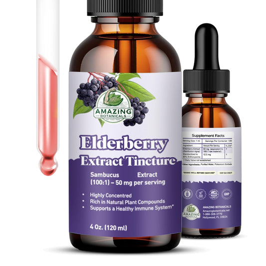 Amazing Botanicals Elderberry 100x tincture bottle front for daily wellness.