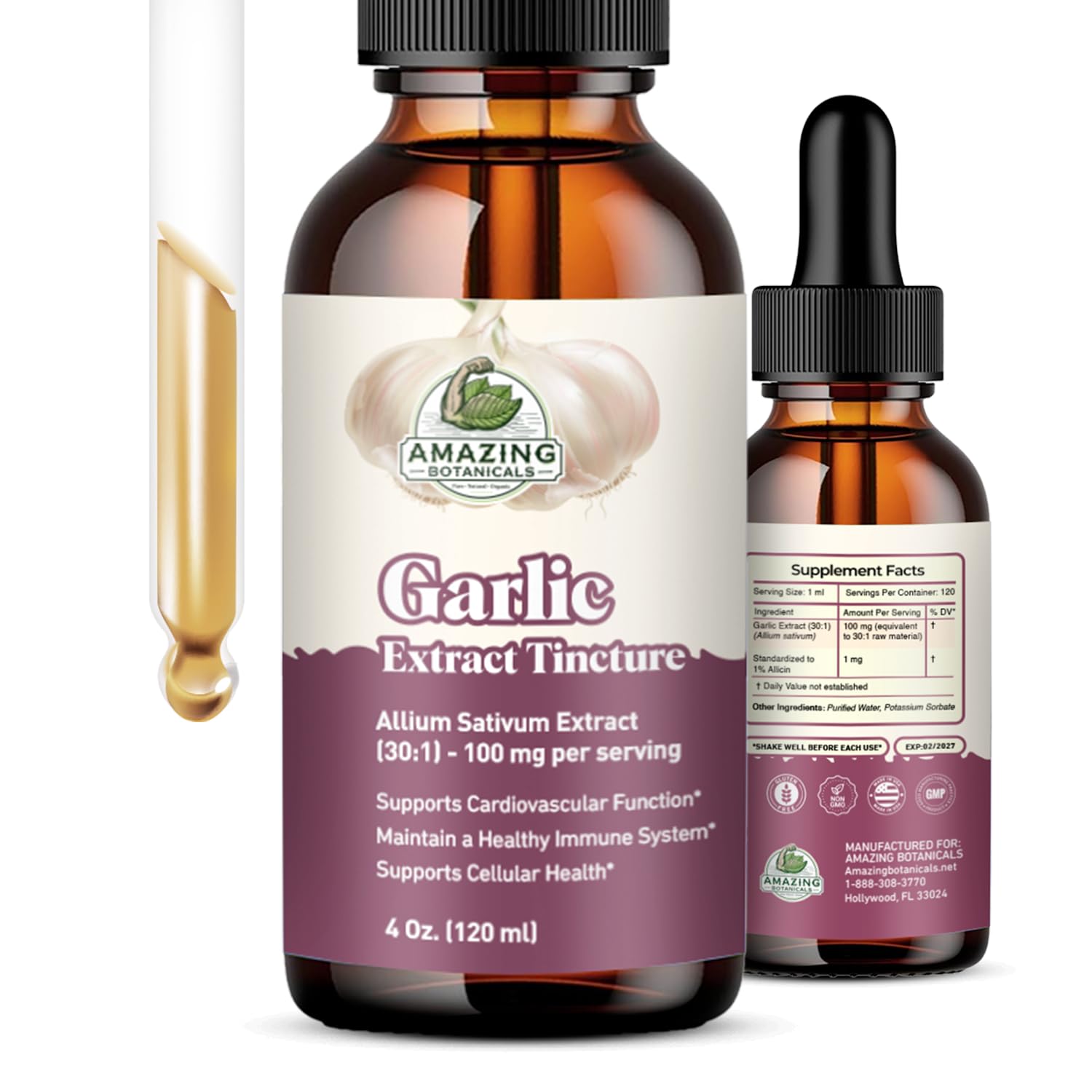 Amazing Botanicals Garlic Tincture bottle showing 30:1 potency and 1% allicin for daily wellness