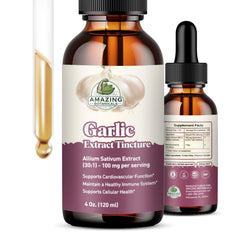 Amazing Botanicals Garlic Tincture bottle showing 30:1 potency and 1% allicin for daily wellness