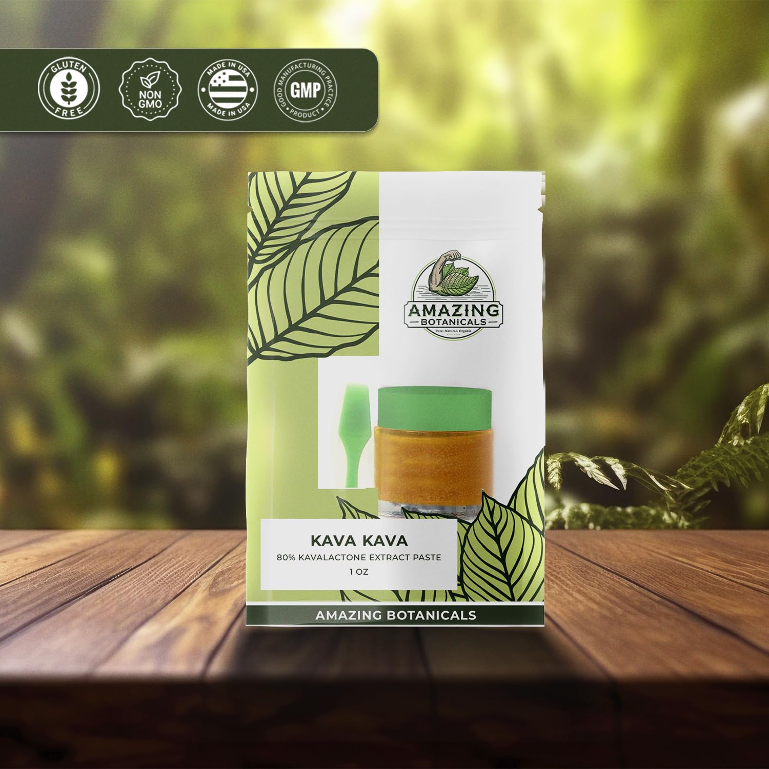 Amazing Botanicals Kava Kava paste bottle pour shows quick, controlled mixing for evening rituals.