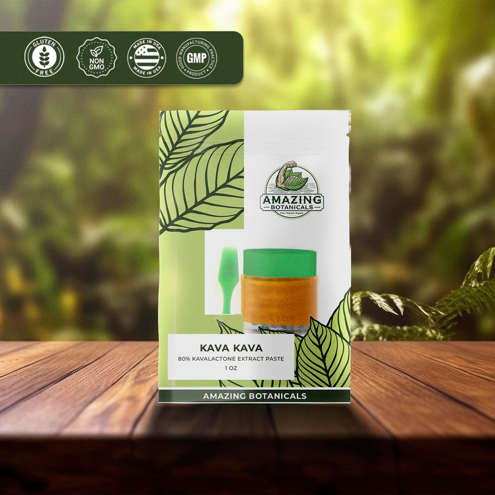 Amazing Botanicals Kava Kava paste bottle pour shows quick, controlled mixing for evening rituals.