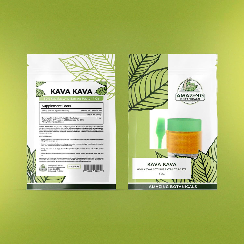 Amazing Botanicals Kava Kava paste label detail confirms high-purity extract and allergen information.