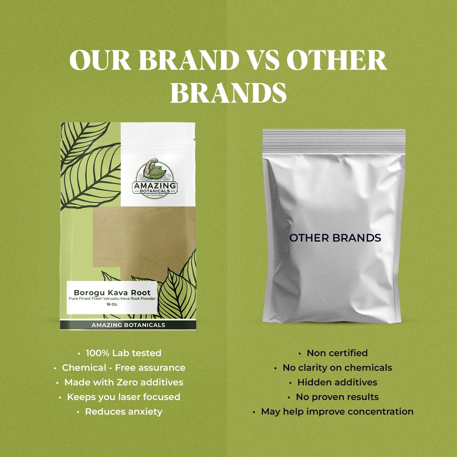 Amazing Botanicals Kava root powder scoop ready for use and serving.