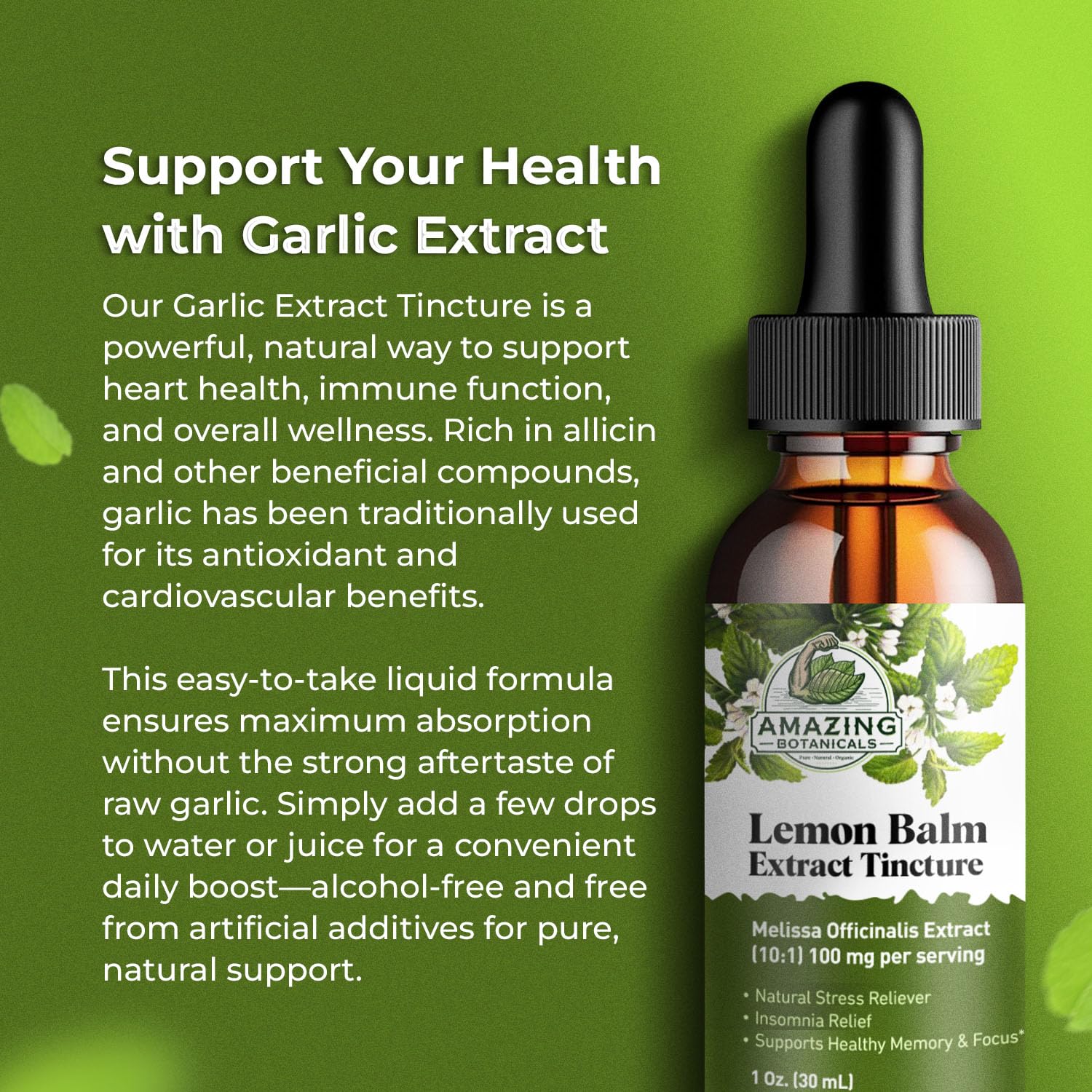 Amazing Botanicals Lemon Balm tincture dropper ready for dosing