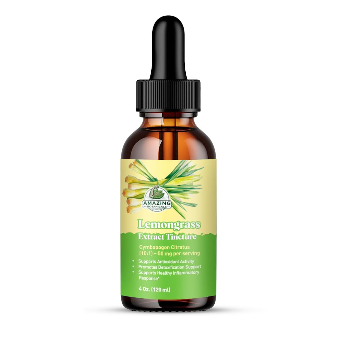 Amazing Botanicals Lemongrass tincture bottle supports daily wellness and citrus aroma.