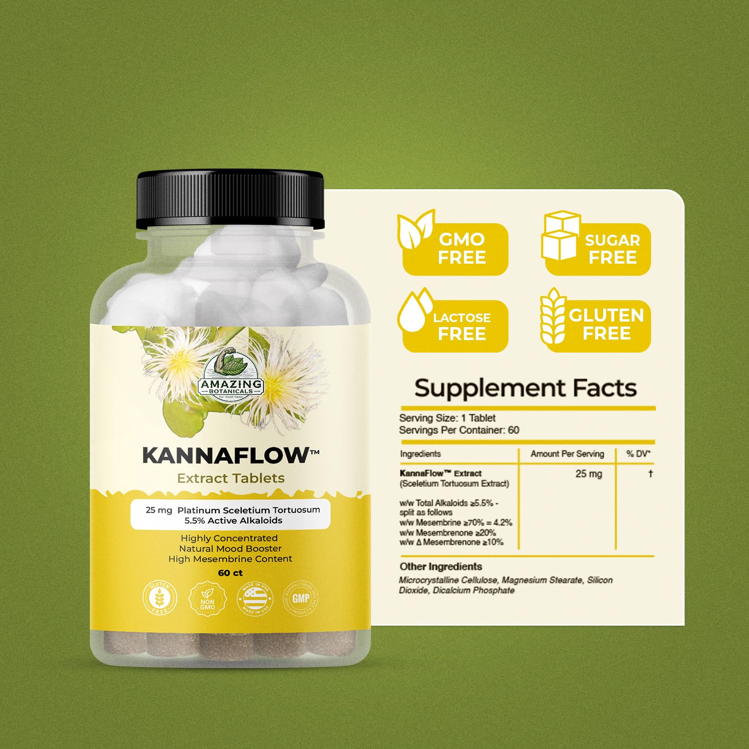 Amazing Botanicals Platinum Sceletium tablets close-up, 25 mg per tablet for consistent servings.