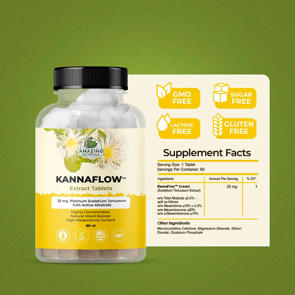 Amazing Botanicals Platinum Sceletium tablets close-up, 25 mg per tablet for consistent servings.