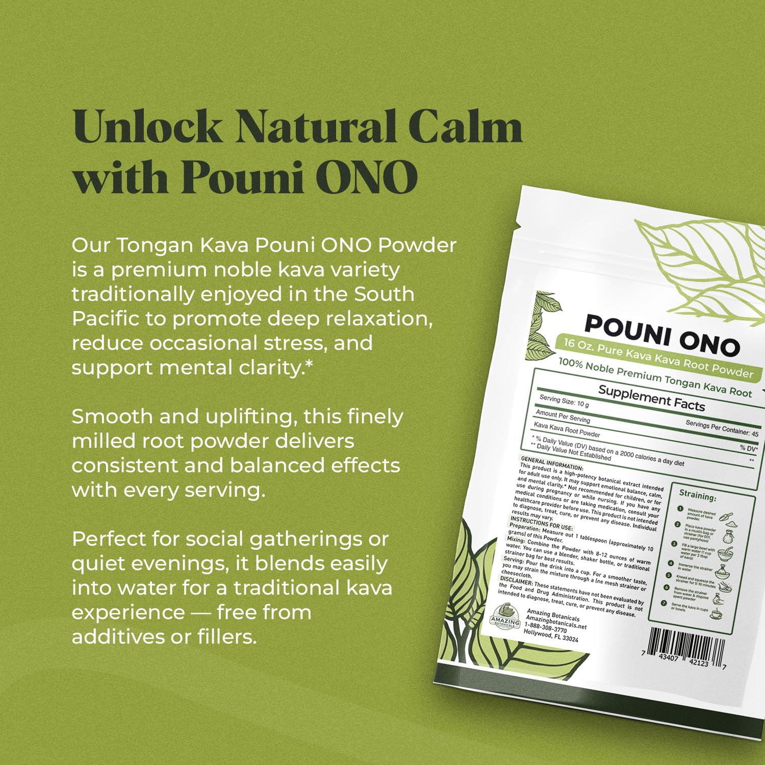 Amazing Botanicals Pouni Ono Kava Powder 16oz bag supports calm evenings and mindful conversations