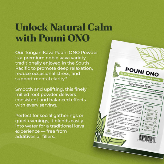 Amazing Botanicals Pouni Ono Kava Powder 16oz bag supports calm evenings and mindful conversations
