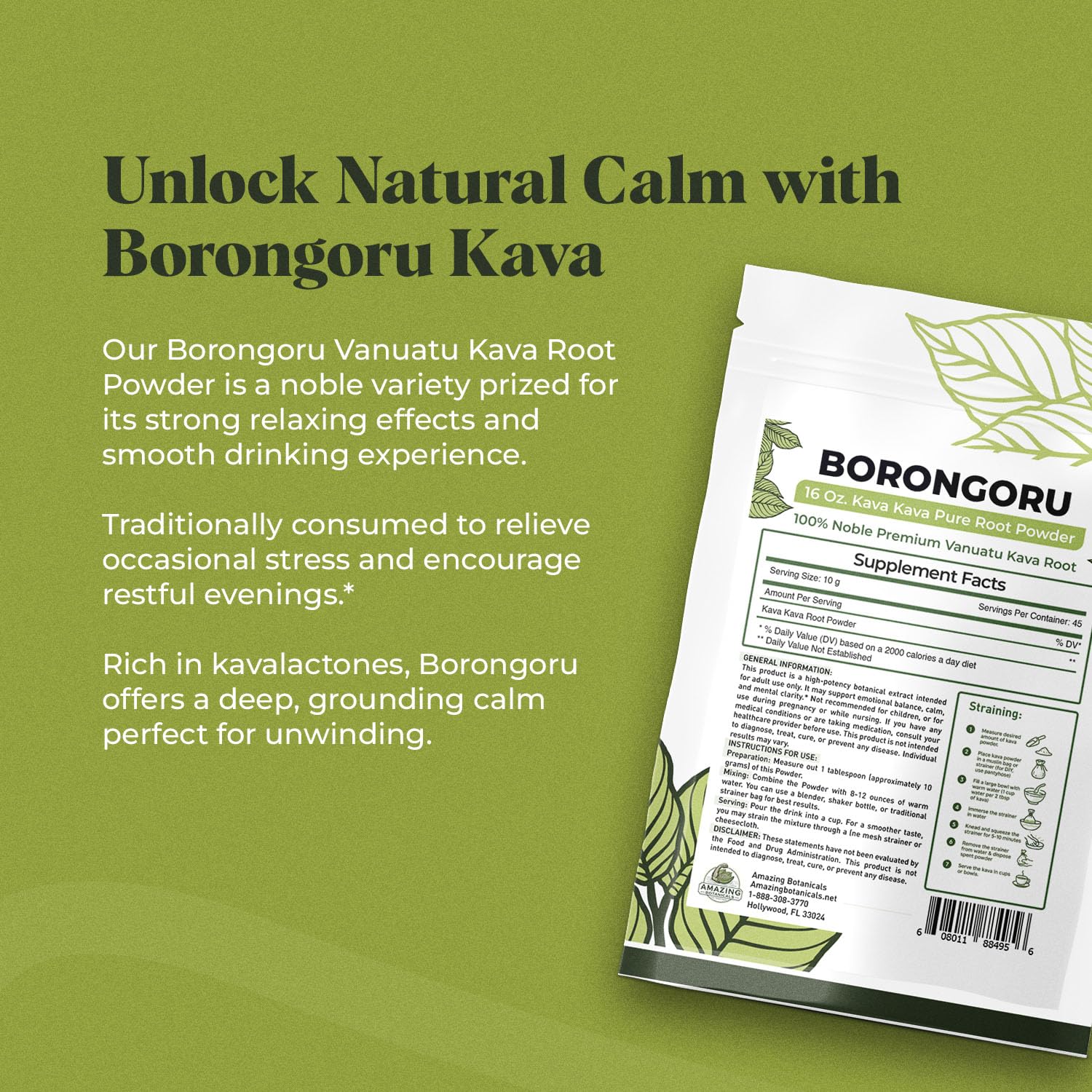 Amazing Botanicals Pure kava powder from Vanuatu highlights calm moments.