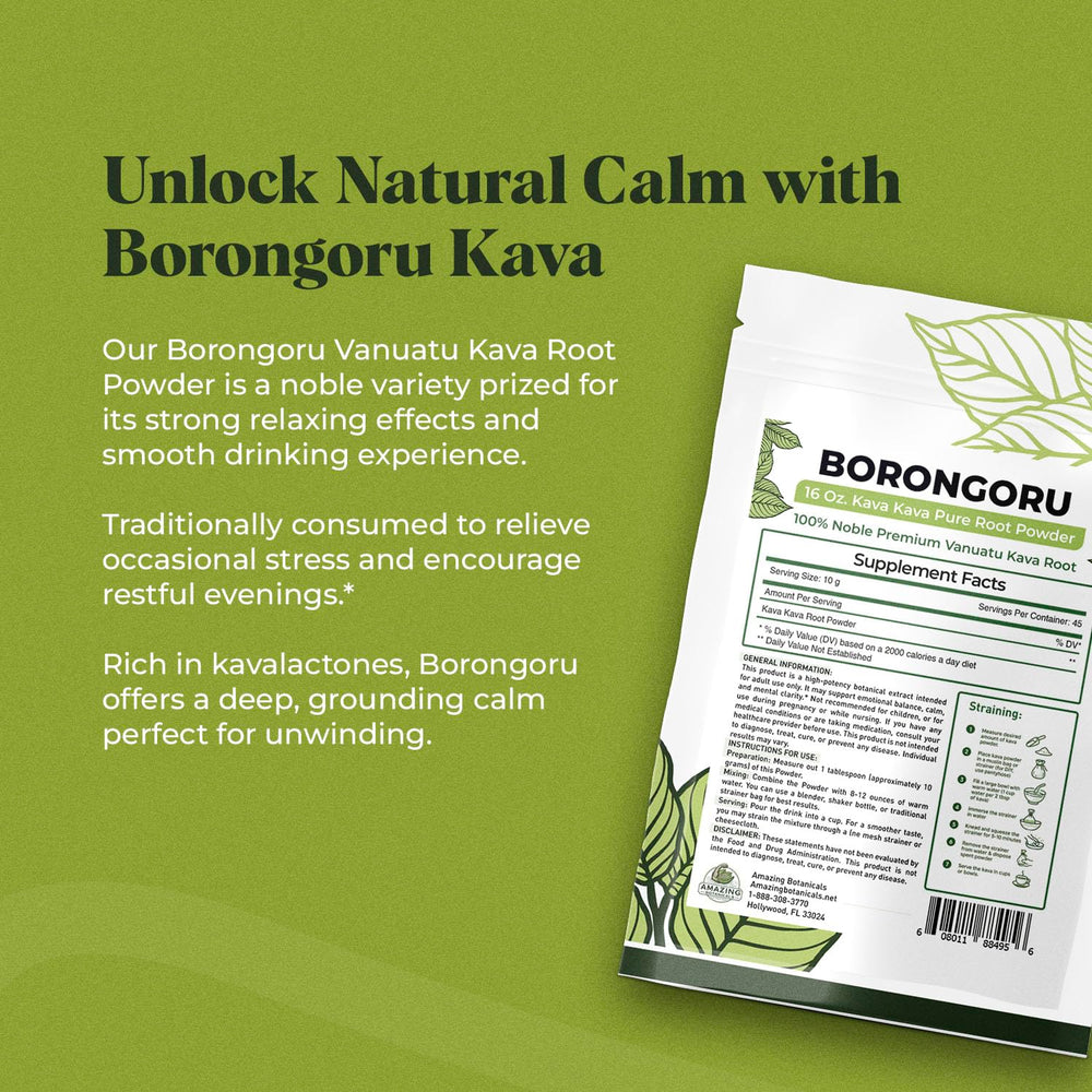 Amazing Botanicals Pure kava powder from Vanuatu highlights calm moments.