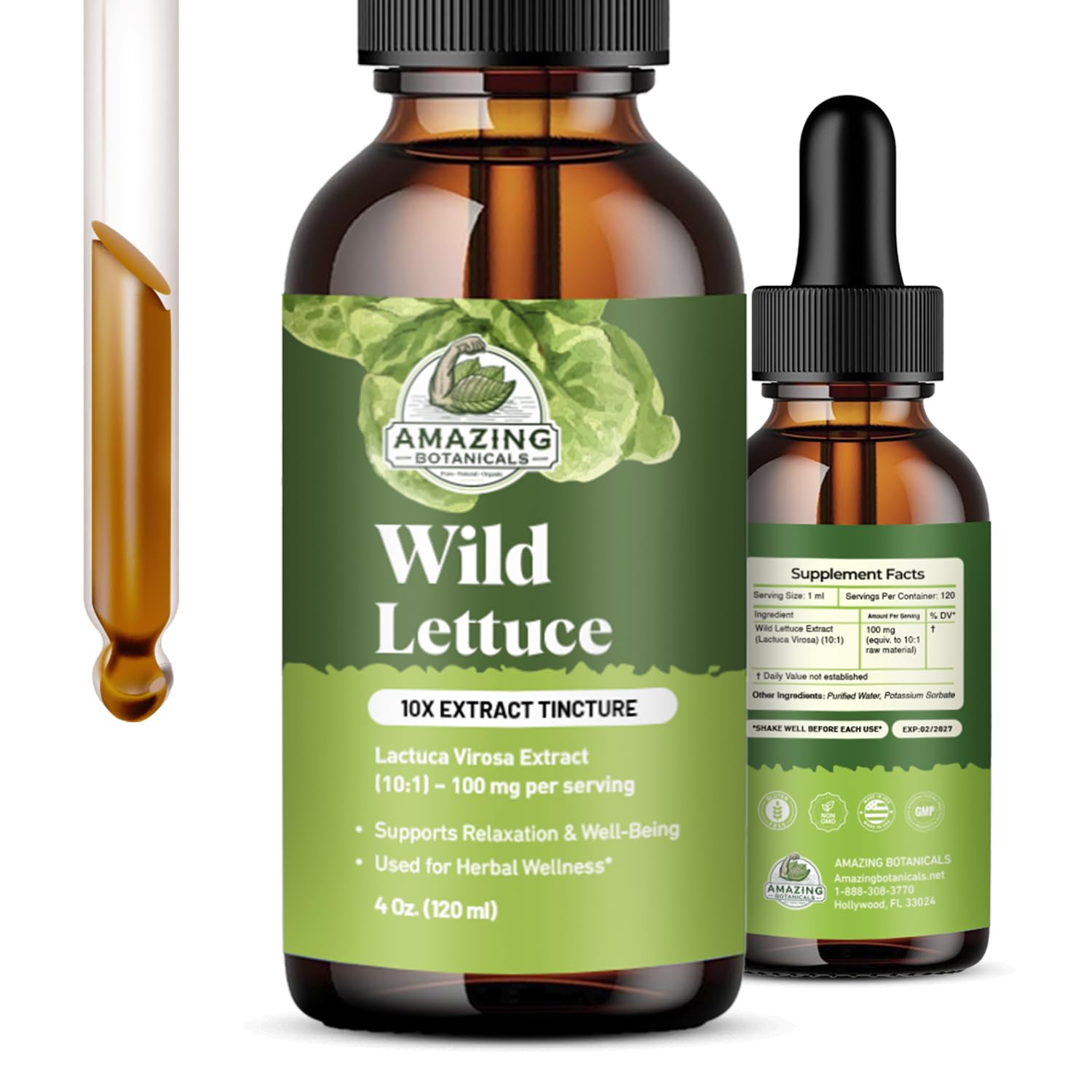 Amazing Botanicals wild lettuce 10x extract bottle showcases pure tincture for daily use.