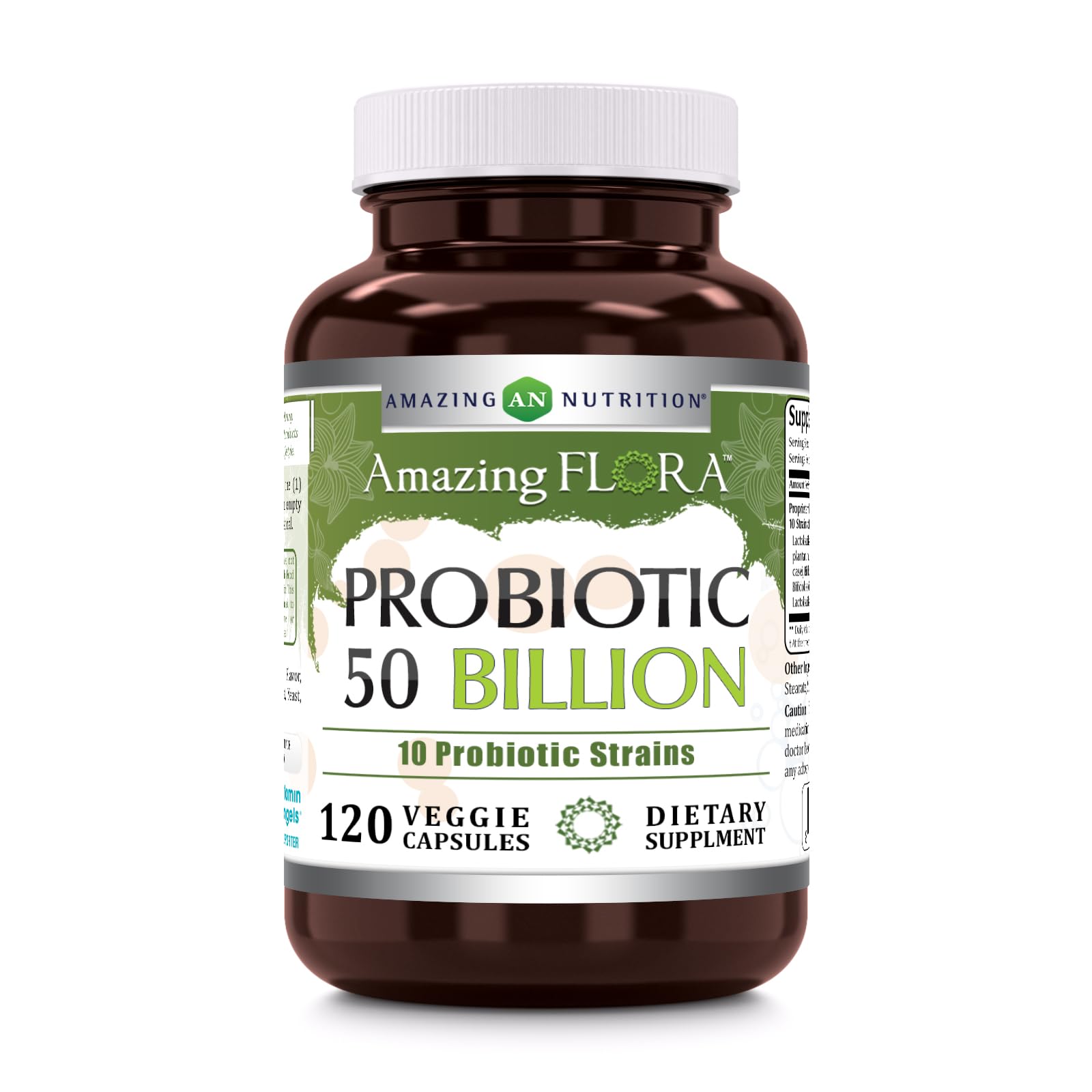 Amazing Flora probiotic bottle pour with veggie capsules promoting daily wellness