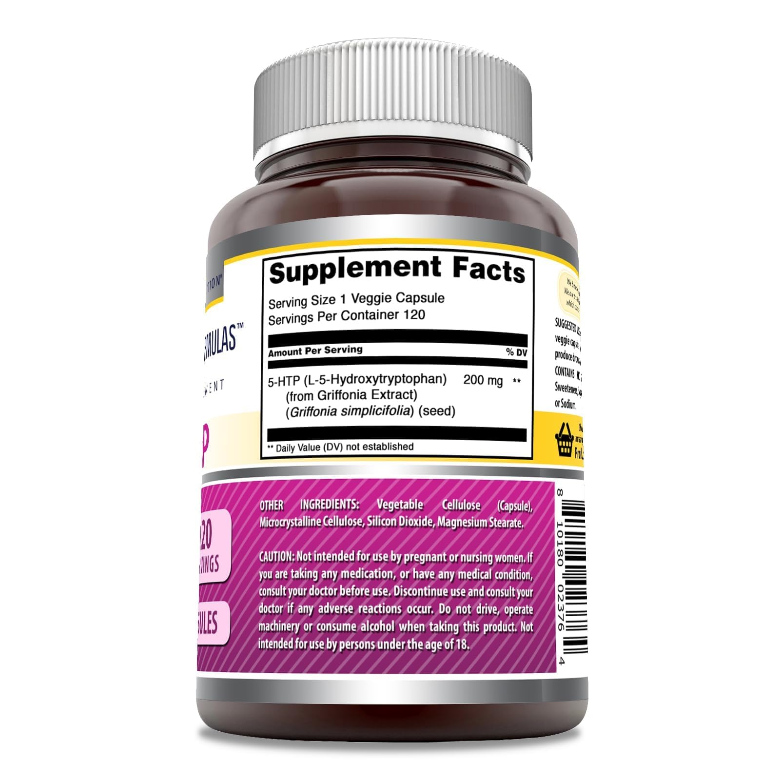 Amazing Formulas 5-HTP bottle front with label visible, high-potency 200 mg per serving