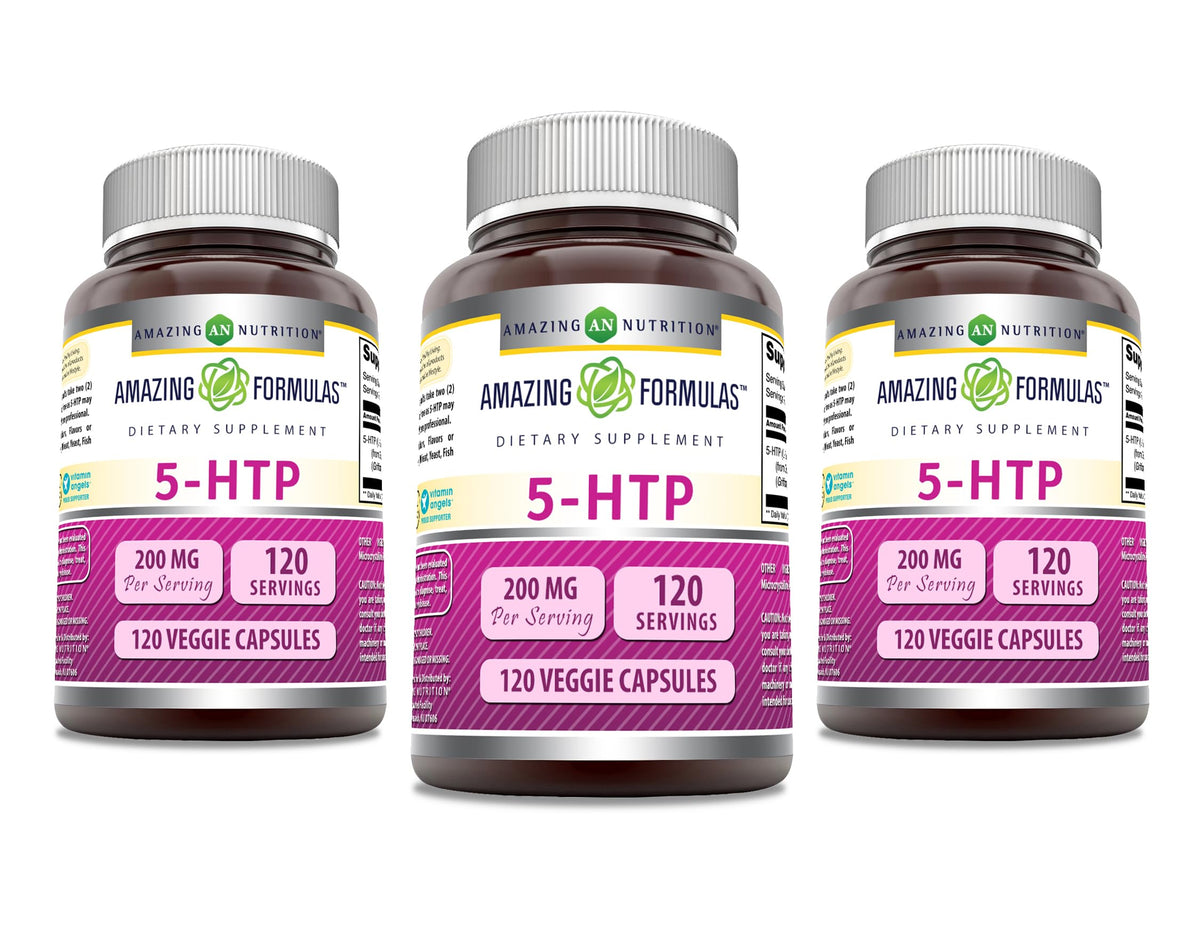 Amazing Formulas 5-HTP capsules closeup, vegan and non-GMO, for daily wellness routines