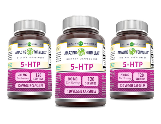 Amazing Formulas 5-HTP capsules closeup, vegan and non-GMO, for daily wellness routines