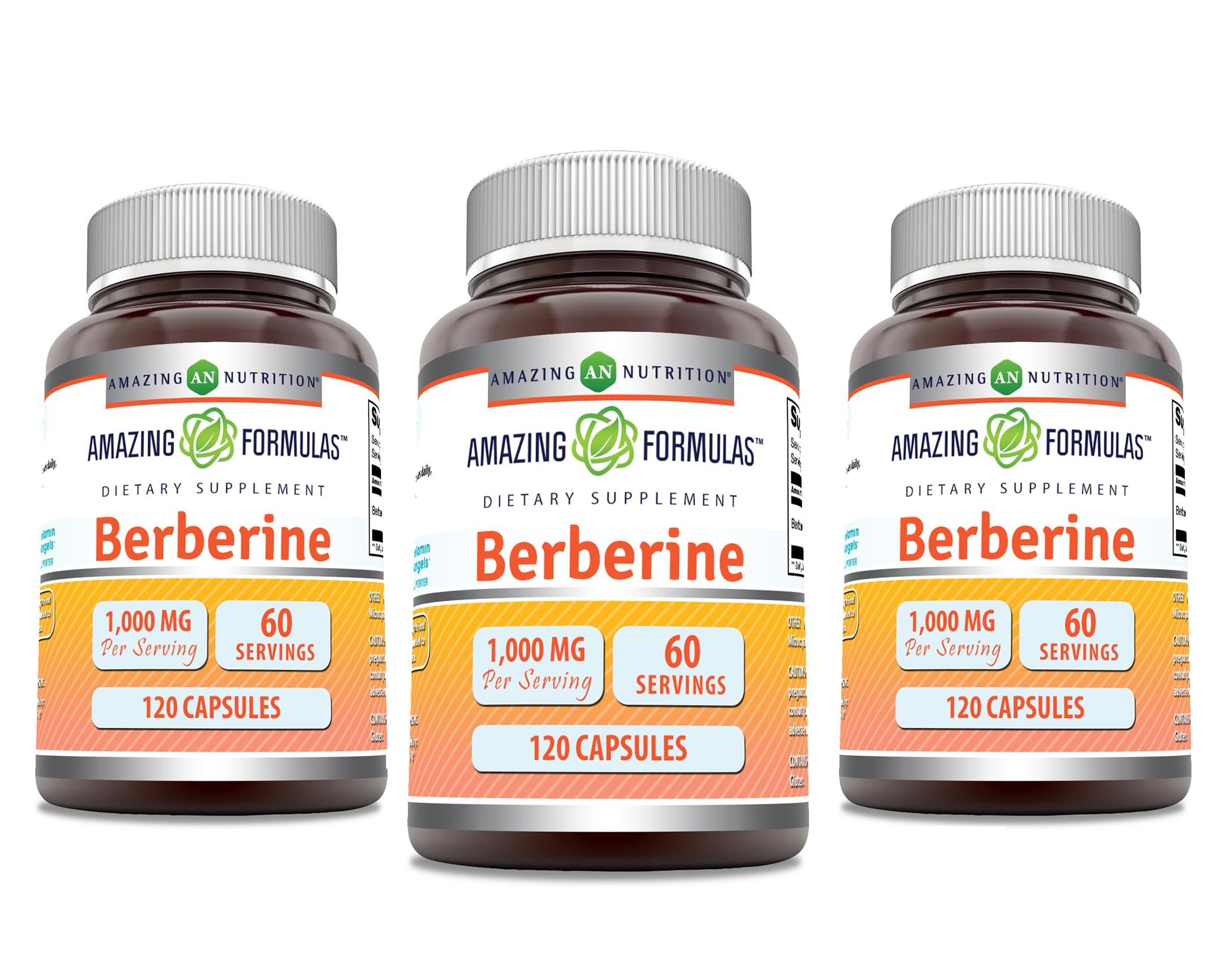 Amazing Formulas Berberine bottle shows 120 capsules; third-party tested and gluten-free.