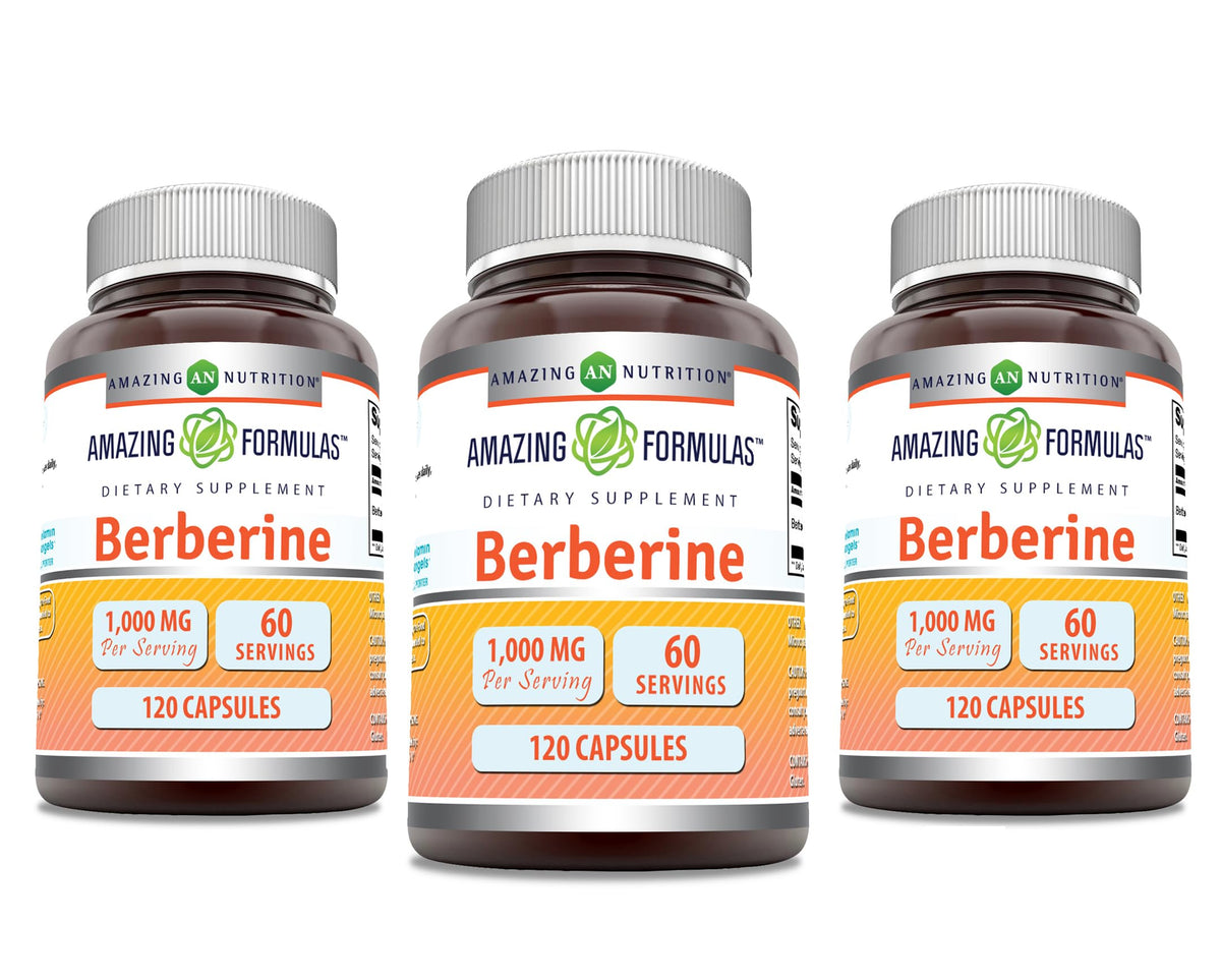 Amazing Formulas Berberine bottle shows 120 capsules; third-party tested and gluten-free.