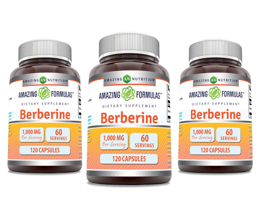 Amazing Formulas Berberine bottle shows 120 capsules; third-party tested and gluten-free.