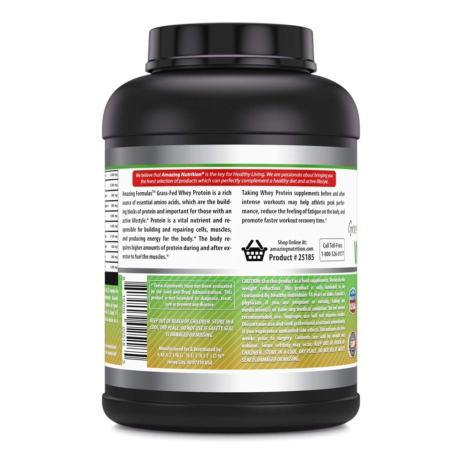 Amazing Formulas Grass Fed Whey Protein powder jar showcasing non-GMO and gluten-free ingredients.