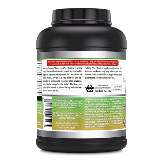 Amazing Formulas Grass Fed Whey Protein powder jar showcasing non-GMO and gluten-free ingredients.