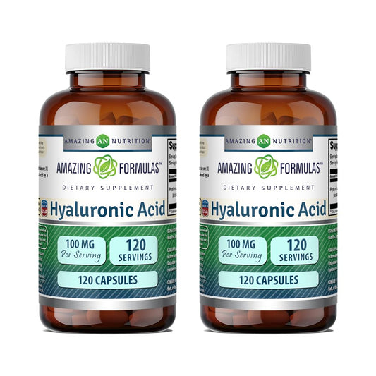 Amazing Nutrition hyaluronic acid 100 mg capsules for daily hydration support.