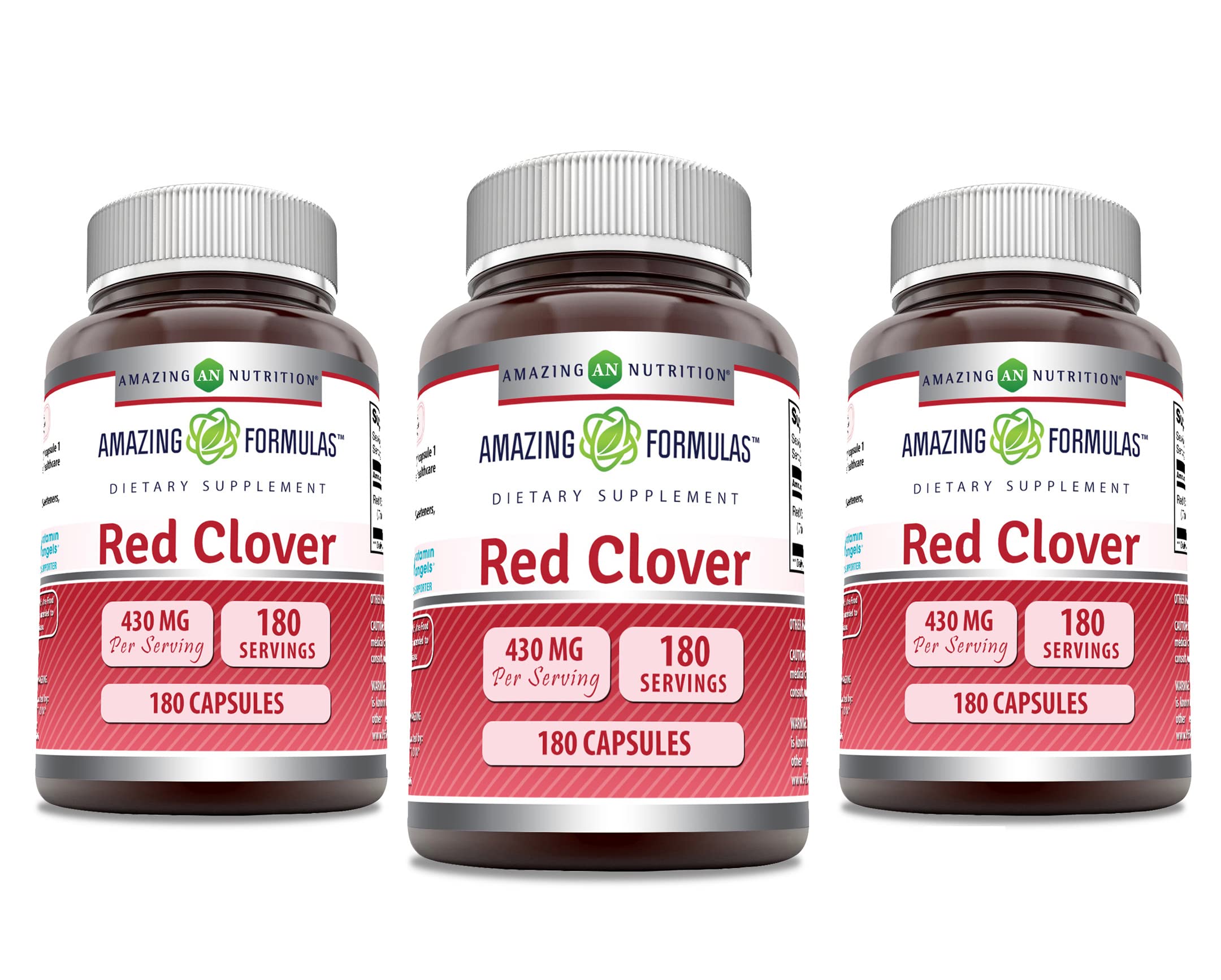 Amazing Formulas Red Clover capsules in bottle, gluten-free and non-GMO.