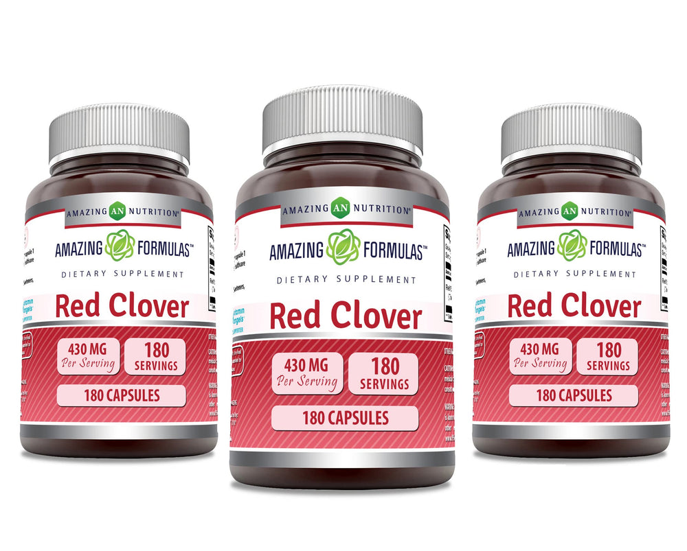 Amazing Formulas Red Clover capsules in bottle, gluten-free and non-GMO.