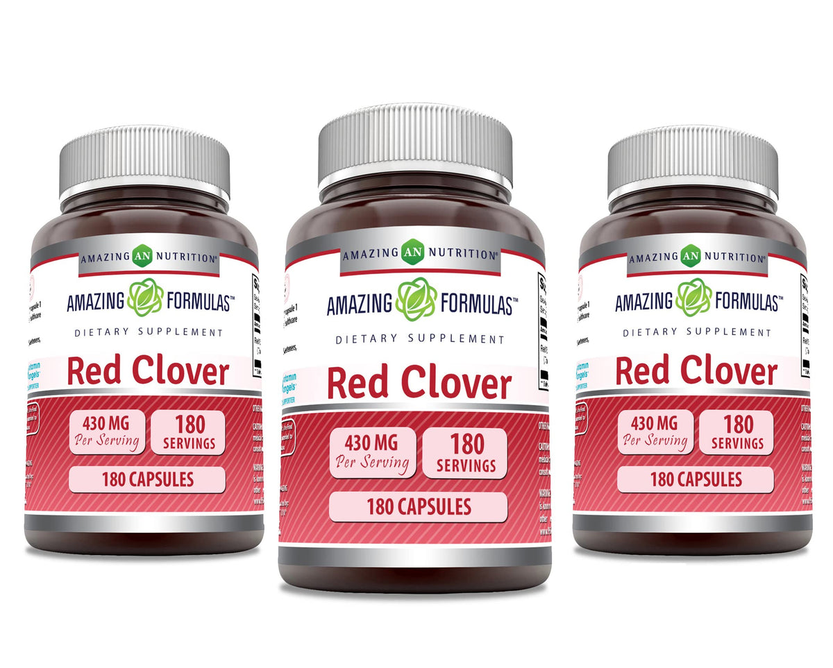 Amazing Formulas Red Clover capsules in bottle, gluten-free and non-GMO.