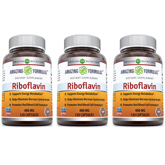 Amazing Formulas Riboflavin 400 mg capsules bottle supports daily energy metabolism.