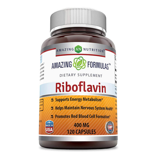 Packaging close-up highlighting non-GMO and gluten-free riboflavin capsules.