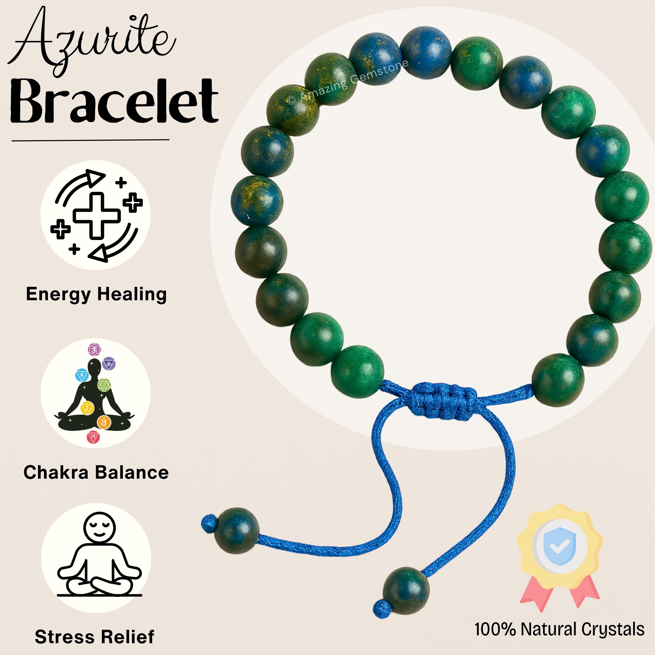 Amazing Gemstone 8mm azurite beads with natural texture and color variation.