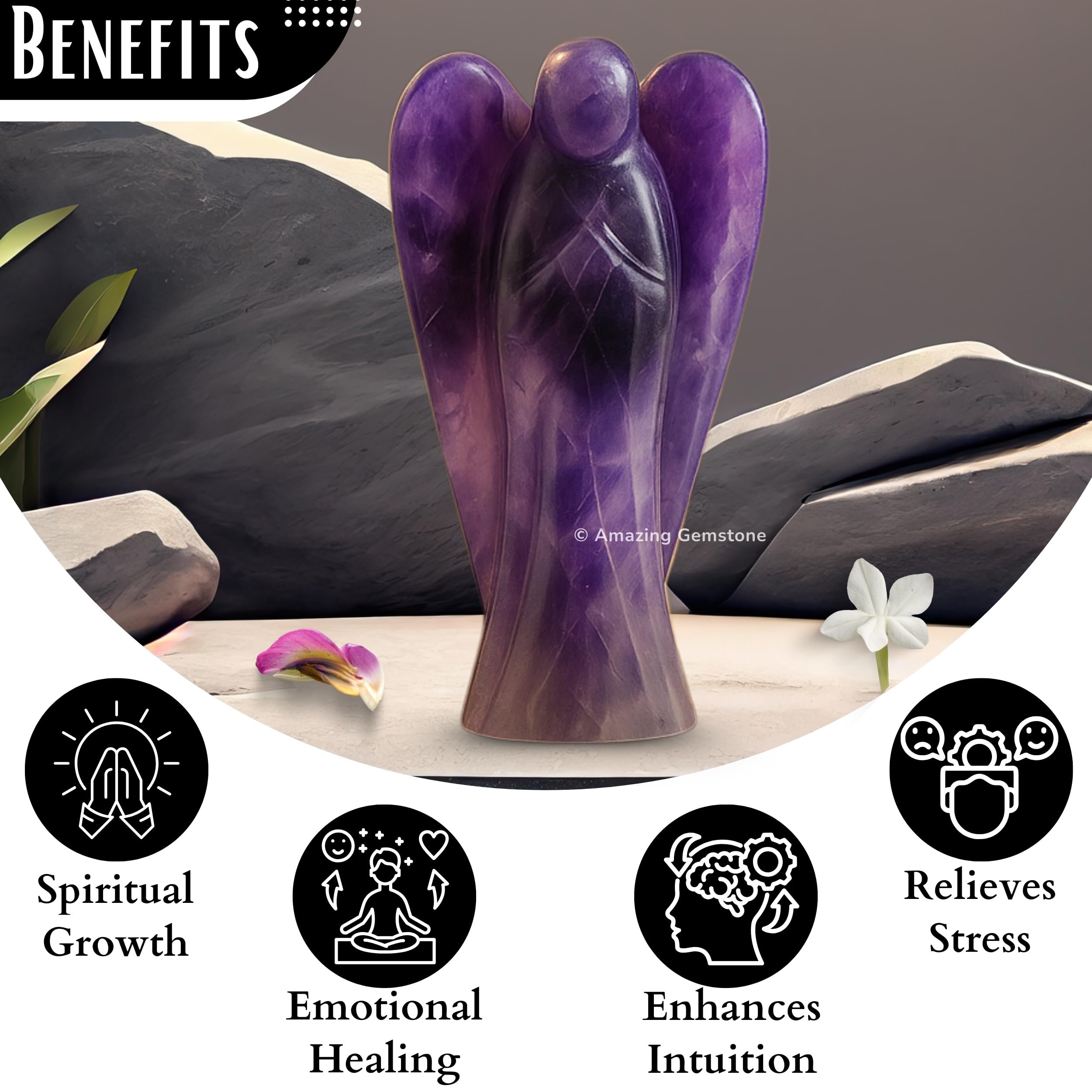 Elegant display of the Amazing Gemstone Amethyst Angel on a desk or shelf.