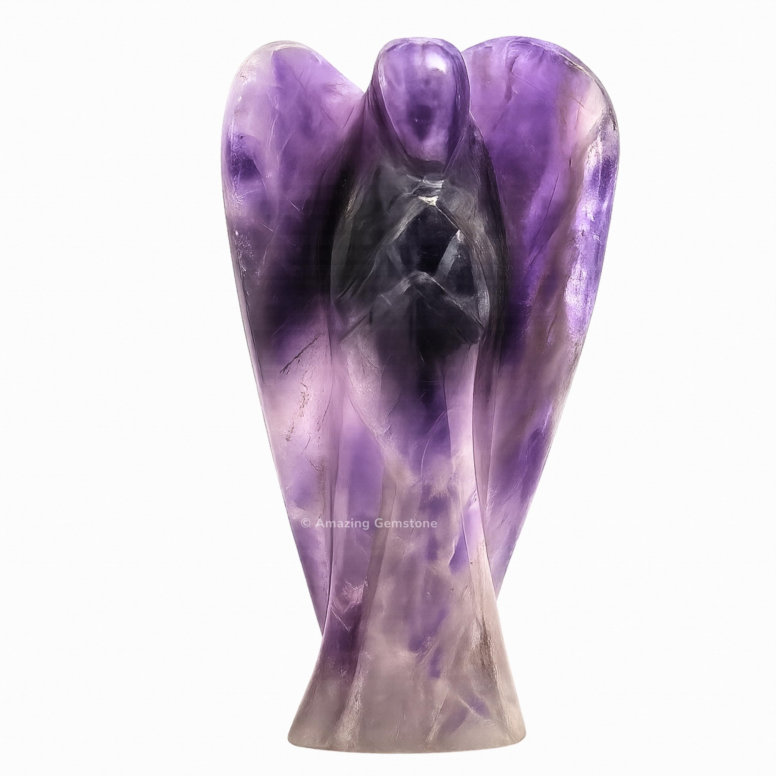 Amazing Gemstone Amethyst Angel hand-carved, showing natural purple crystal serenity for calming energy.