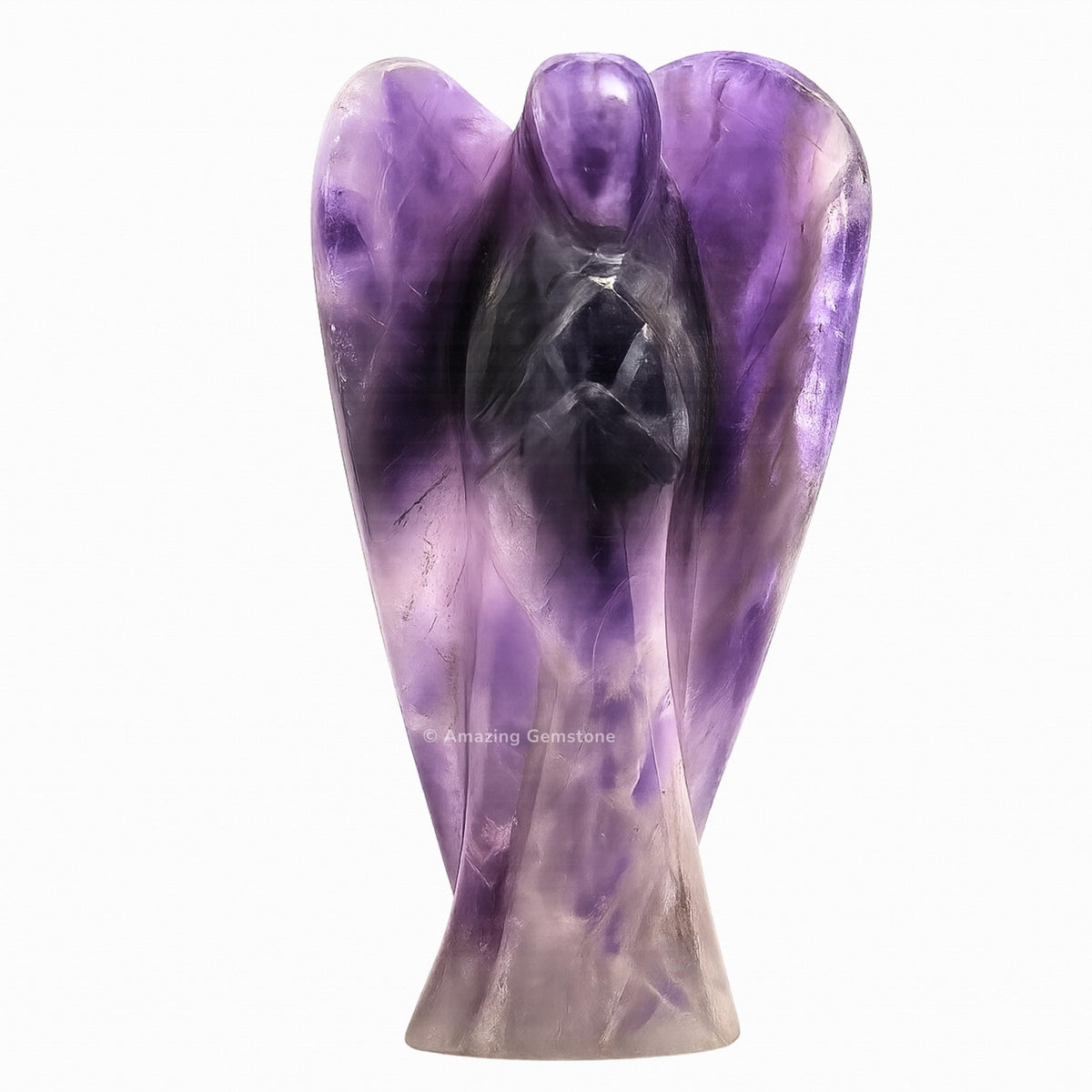 Amazing Gemstone Amethyst Angel hand-carved, showing natural purple crystal serenity for calming energy.