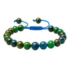 Amazing Gemstone Azurite bracelet closeup shows vivid blue-green beads.