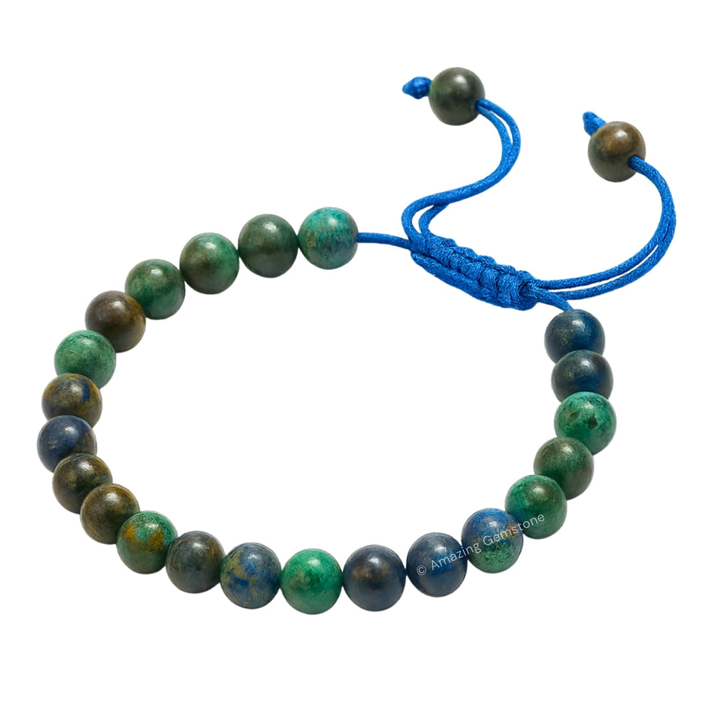 Amazing Gemstone Azurite bracelet on wrist highlights adjustable fit.